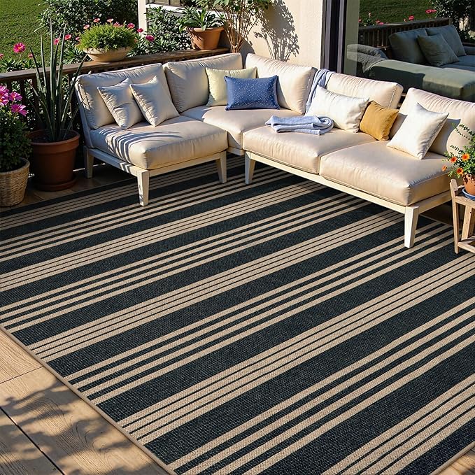 Lahome Elance Striped Easy Jute Rugs for Living Room, 6x9 Washable Indoor Outdoor Patio Rug, Neutral Thin Non Slip Non Shedding Black Dining Room Carpet for Under Table Mudroom Classroom
