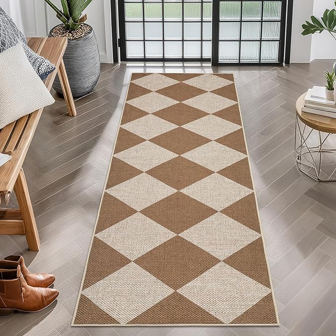 GarveeHome Checkered Easy Jute Runner Rug 2x6 Non-Slip Machine Washable Stain Resistant Indoor Outdoor Rugs for Living Room, Bedroom, Kitchen, Dining, Patio - Farmhouse Style Brown