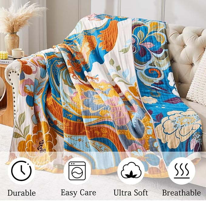 Boho Blanket Soft Muslin BohoThrow Blanket, 100% Cotton Floral Printed Farmhouse Decor All Season Reversible Rustic Throw for Sofa Couch Chair(90"x98")