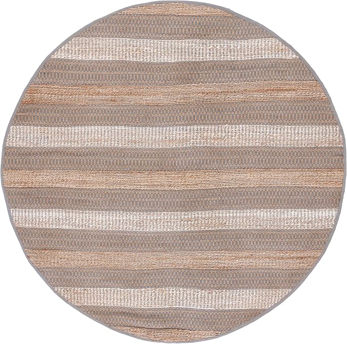 SAFAVIEH Natural Fiber Collection Area Rug - 7' Round, Grey & Natural, Handmade Flat Weave Stripe Jute & Cotton, Ideal for High Traffic Areas in Living Room, Bedroom (NFB652F)