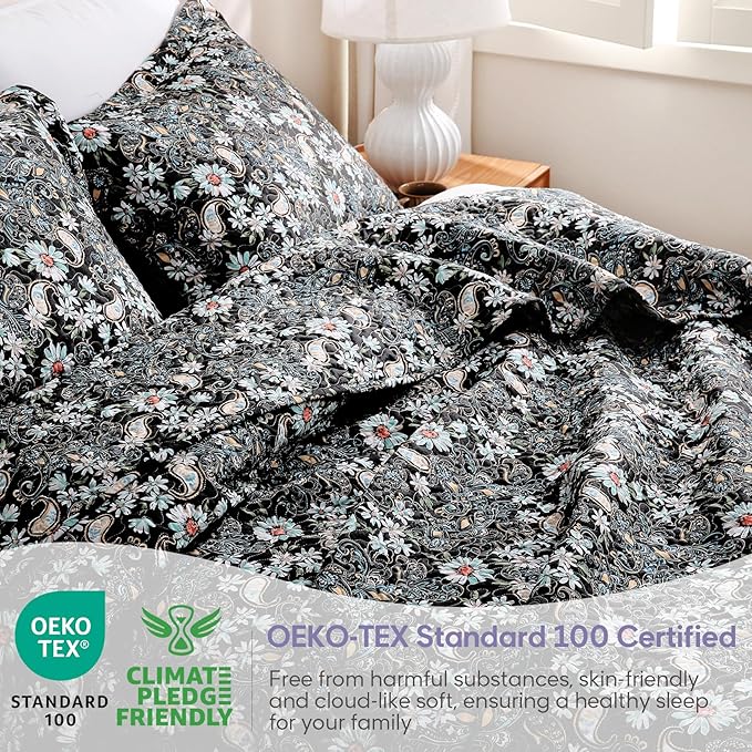 JSD Black Paisley Floral Quilt Set Full Queen, 3 Piece Printed Bedspreads Coverlet with Pillow Sham, Soft Microfiber Quilted Blanket