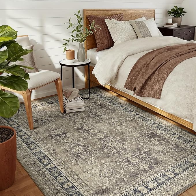 Lessymo 5x7 Area Rugs for Living Room, Machine Washable Non Slip Rug, Soft Low Pile Carpet for Bedroom Dining Home Office, Vintage Brown Distressed Floral Floor Mat