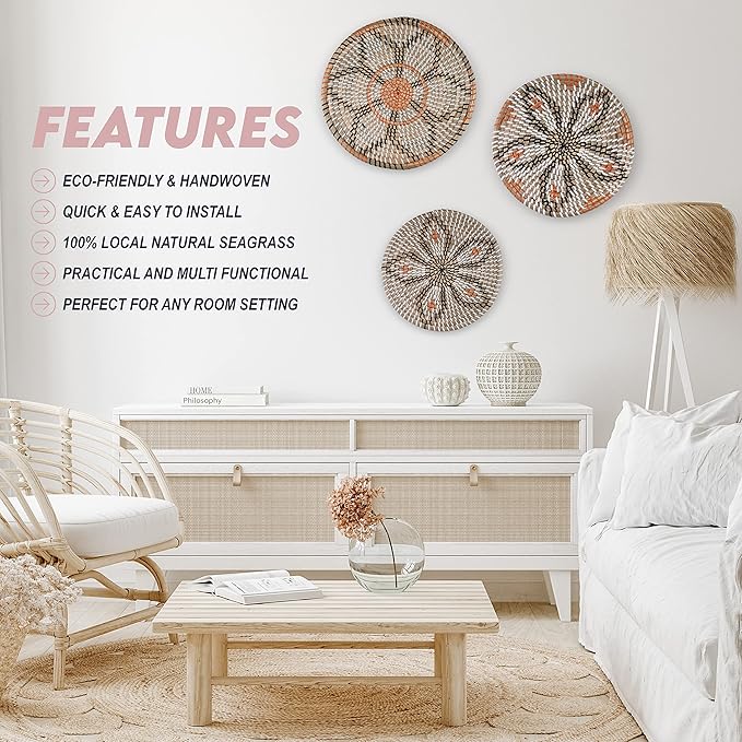 Clinton Calicep & Nicolea Woven Wall Basket Decor Set of 3 - Modern Boho Rustic Wicker Hanging Wall Baskets - Natural Decorative Storage for Bedroom, Kitchen, Living Room & Dining Room