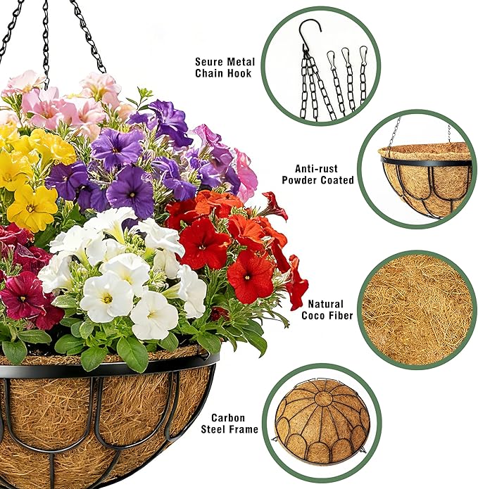4 Pack 12 Inch Hanging Planters for Outdoor Plants, Black Metal Wire Hanging Flower Baskets with Coco Coir Liner, Large Hanging Plant Pots for Garden, Patio, Balcony, Indoor Home Decor