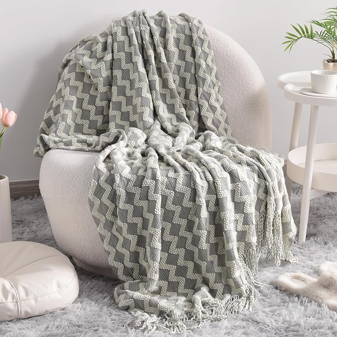 NTBAY Acrylic Knitted Throw Blanket, Lightweight and Soft Cozy Decorative Woven Blanket with Tassels for Travel, Couch, Bed, Sofa, 51x67 Inches, Light Grey Wave