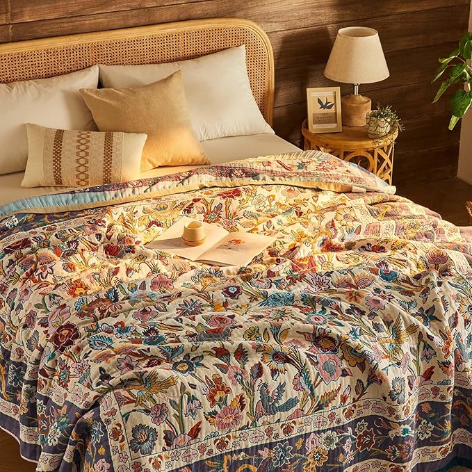 Boho Blanket Soft Muslin Boho Throw Blanket 100% Cotton Blanket All Seasons Reversible Rustic Floral Printed Vintage Rustic Farmhouse Decor Throw for Sofa Couch Chair (White, 50"x60")