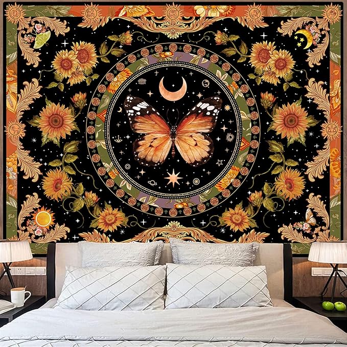 Accnicc Butterfly Floral Tapestry Vintage Indie Boho Flower Tapestries for Bedroom Aesthetic Retro Yellow Sunflower Moth Tapestry Wall Hanging for Dorm Living Room (48'' × 36'')