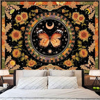 Accnicc Butterfly Floral Tapestry Vintage Indie Boho Flower Tapestries for Bedroom Aesthetic Retro Yellow Sunflower Moth Tapestry Wall Hanging for Dorm Living Room (80'' × 60'')