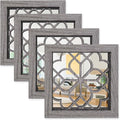 Set of 4 Boho Wall Mirrors with Carved Floral Design, 12x12 Inch Rustic Farmhouse Accent Mirrors, Vintage Style Shatterproof Square Mirror Decor for Living Room, Bedroom(Brown)