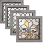 Set of 4 Boho Wall Mirrors with Carved Floral Design, 12x12 Inch Rustic Farmhouse Accent Mirrors, Vintage Style Shatterproof Square Mirror Decor for Living Room, Bedroom(Brown)