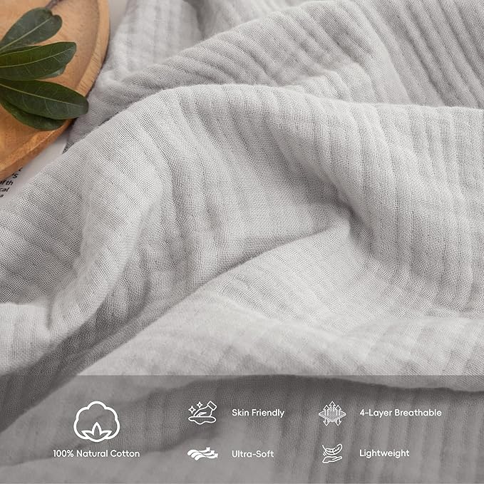 FOSSA Muslin Blanket with Fringe - 4-Layer 100% Cotton Gauze Super Soft & Breathable Throw -Lightweight Decorative Cooling Blanket for Bed, Sofa, Office (Grayish, Throw (60" × 50"))