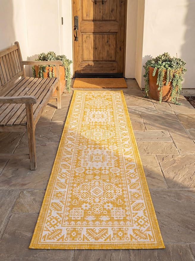 Rugs.com Outdoor Aztec Collection Rug – 8 Ft Runner Yellow Flatweave Rug Perfect for Hallways, Entryways