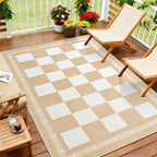 Vasofe Checkered Jute 5x7 Area Rugs, Washable Outdoor Patio Rug for Living Room Bedroom Indoor Carpet, Non Slip Modern Farmhouse Neutral Geometric Rugs Office Porch Dining Room Mat, Khaki and White