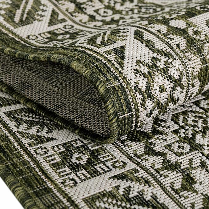 Rugs.com Outdoor Aztec Collection Rug – 13 Ft Round Green Flatweave-Pile Rug Perfect for Kitchens, Dining Rooms