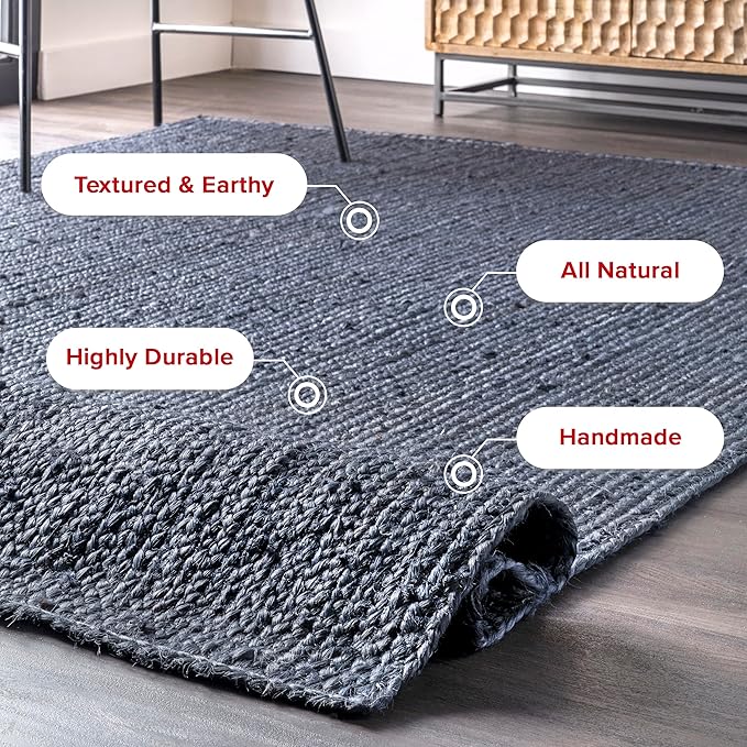 nuLOOM 8x10 Rigo Jute Hand Woven Area Rug, Navy, Solid Farmhouse Design, Natural Fiber, For Bedroom, Living Room, Dining Room, Hallway, Office, Kitchen, Entryway