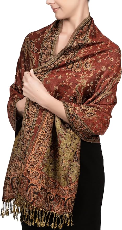 Achillea Reversible Paisley Pashmina Rave Scarf – Exotic Indian Shawls and Wraps for Evening Dresses, Festivals, All Seasons