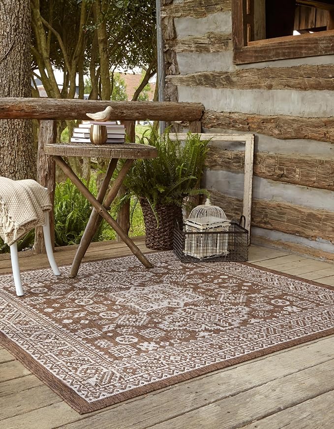 Rugs.com Outdoor Aztec Collection Rug – 13 Ft Square Brown Flatweave-Pile Rug Perfect for Living Rooms, Kitchens, Entryways
