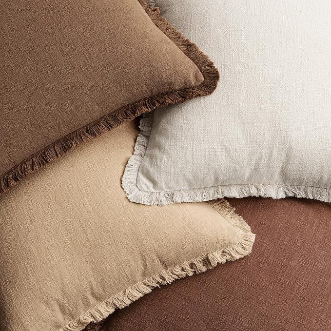 MIULEE Decorative Couch Pillow Covers Neutral Linen Fringe Throw Pillows Set of 4 Accent Rustic Cushions Boho Farmhouse Pillowcases for Bed Sofa Living Room Spring Home Decor 18x18 Inch Beige/Brown