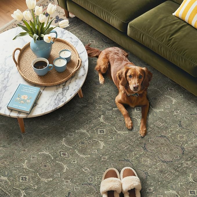 GENIMO 8x10 Area Rugs for Living Room, Machine Washable Non Slip Vintage Rugs, Low Pile Lightweight Chenille Print Rug for Bedroom, Dining Room, Home Office, Muted Green