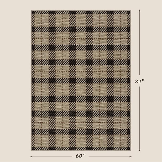 5x7 Farmhouse Rugs for Living Room - Easy Jute Area Rug for Large Entryway Indoor Outdoor, Patio, Bedroom Under Bed, Washable Non Slip Rustic Woven Checkered Plaid Black and Tan Carpet