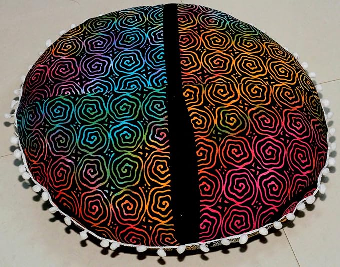 Round Mandala Floor Pillow Cover Seating Cushion Throw Cover Hippie Decorative Bohemian Ottoman Pouf Cover, Pom Pom Pillow Cases,Boho Indian 22 Inches (Multi Peacock)