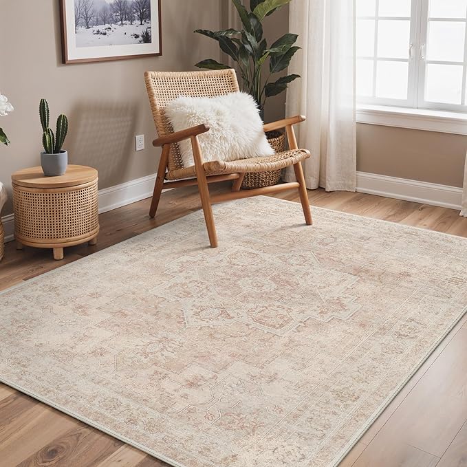 GENIMO 9x12 Area Rugs for Living Room, Machine Washable Rug, Non Slip Indoor Vintage Rug, Low Pile Lightweight Chenille Print Carpet for Bedroom Dining Room Home Office, Light Pink