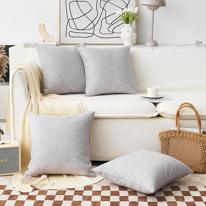 Home Brilliant Gray Pillow Covers Decor Burlap Lined Linen Throw Pillow Cases Cushion Covers for Sofa, Light Grey, Set of 4, 18 inch