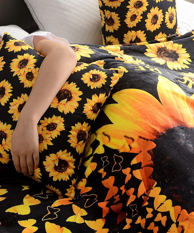 WIBUE Sunflower Throw Blanket 60"x50" with 2 Pcs Pillow Covers 18"x18", Decor Fleece Blanket for Women Men, Fuzzy Soft Cozy Warm Plush Gifts Blankets for Bed Sofa Couch Chair Living Room Bedroom