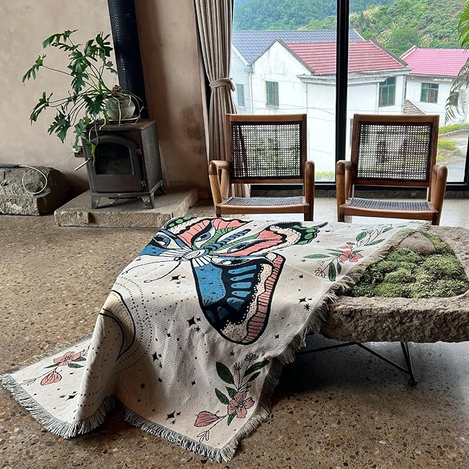 Hopstar Butterfly Throw Blanket Outdoor Blankets and Throws Boho Western Decor Cotton Woven Couch Cover Blanket for Sofa Living Room Beach Travel 51"x63" (Moth)
