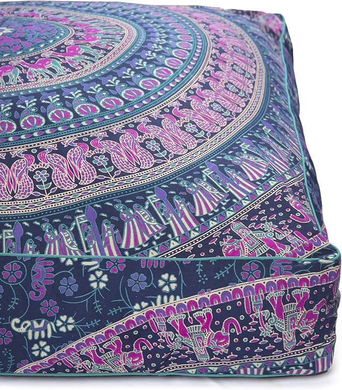Popular Handicrafts Floor Pillow Cushion Cover - Hippie Mandala Square Ottoman Indian Elephant Camel Daybed Oversized Cotton Cushion Cover with Heavy Duty Zipper - Dog-Pets Bed, 35" Blue Pink