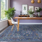Dining Room Rugs for Under Table - 6x9 Washable Dark Blue Oriental Area Rug for Living Room, Low Pile Non-Slip Floor Carpet for Bedroom - Vintage Navy Design & Stain Resistance