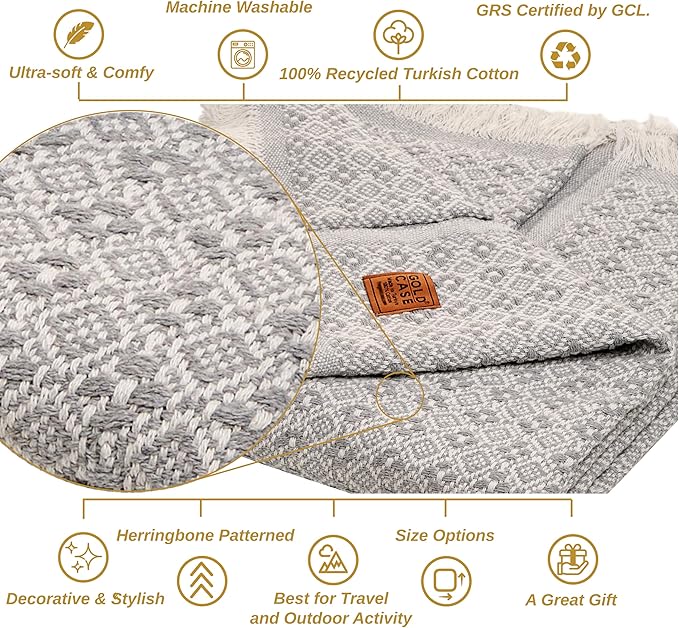 Gold CASE Throw Blanket for Couch – 100% Recycled Cotton – Retro Throw Blankets for Living Room, Bed, & Outdoor – Decorative Boho Blankets & Throws – Soft Couch Drape – Grey (60”x80”)