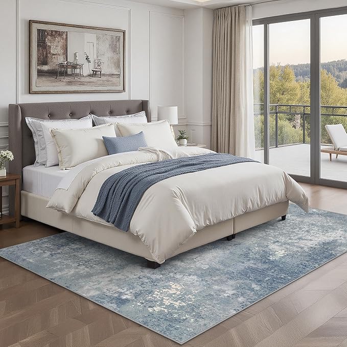 GENIMO Washable Area Rugs for Living Room, 8x10 Modern Non Slip Rugs, Low Pile Lightweight Soft Print Rug for Bedroom, Dining Room, Home Office, Haze Blue