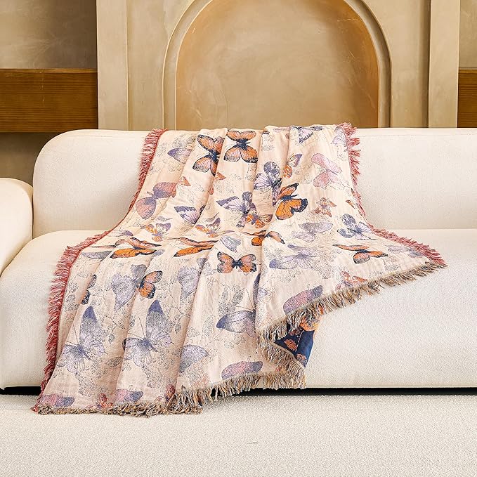Boho Throw Blanket, 100% Organic Cotton Breathable Ultra Soft 80" x 90" Bed Quilt Throw - All Season Floral Rustic Farmhouse Decor Luxury Reversible Blanket for Sofa Couch Chair and Gift