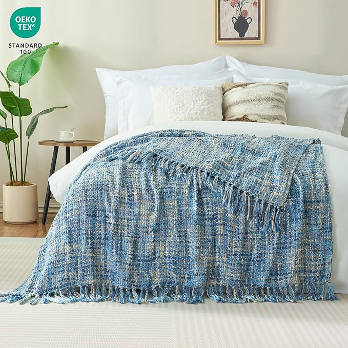 Multi-Color Light Blue Cable Woven Throw Blanket for Couch,50"X60" Boho Style Textured Blankets for Home Decor,Super Soft Warm Cozy Chunky Blanket with Decorative Tassels for Bed