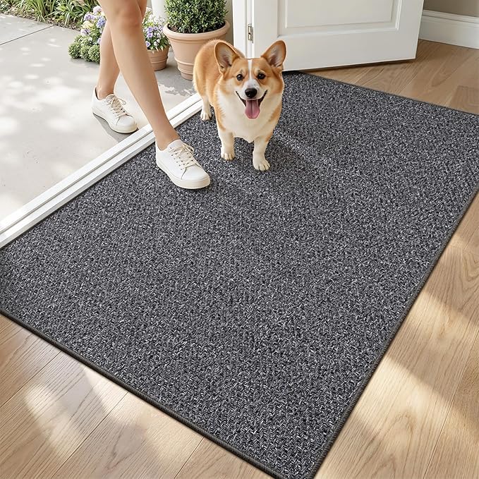 LUMI Ultra Thin Indoor Door Mat for Entrance 32"x48", Non Slip Entryway Mat, Low Profile Doormat, Unique Herringbone Design Carpet for Inside, Patio, Porch, Dark Gray