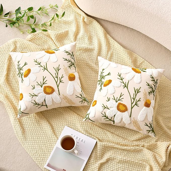 Embroidered Throw Pillow Covers Boho Farmhouse Daisy Tufted Pillow Covers Floral Decorative Couch PillowCases 16x16 Cottagecore Square Cushion Cover Set of 2 for Living Room Couch Sofa Bed Home Decor