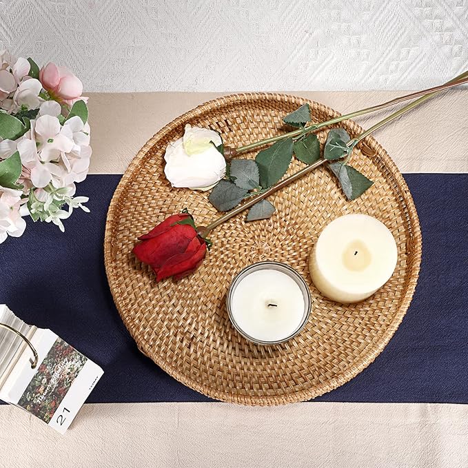 Hipiwe Round Rattan Serving Tray with Handles, Hand-Woven Decorative Organizer Tray for Storage Breakfast Drinks Snack, Centerpiece Fruit Basket for Home Decoration,Large