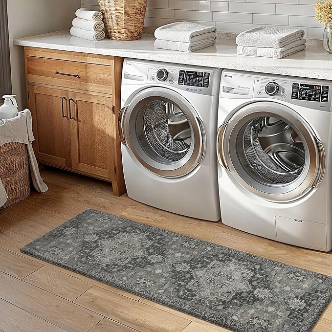 GENIMO Kitchen Mats for Floor 2PCs, Washable Anti Fatigue Mat for Cushioned, 17.3"x59"+17.3"x30", Waterproof Kitchen Rugs, Non Slip Comfort Standing Mat Rug for Home, Sink, Laundry, Dark Gray
