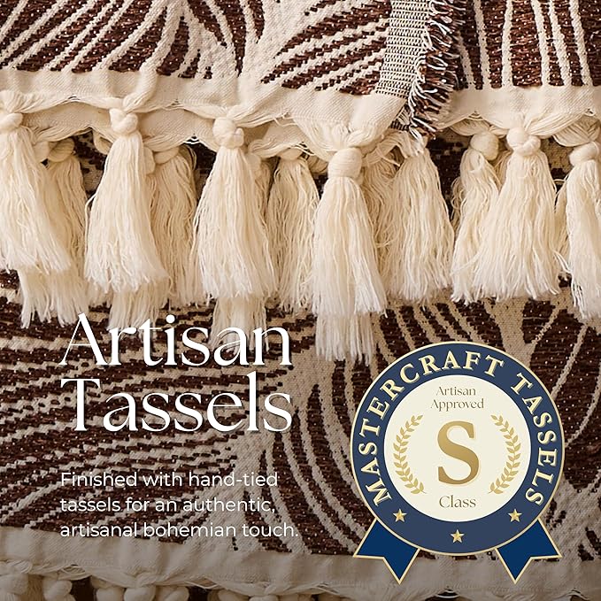 DOWN HOME Chenille Cotton Throw Blanket for Couch, Lightweight Boho Blanket for Bed Sofa Chair Living Room Outdoor Soft Woven Decorative Blanket with Tassel Gift Brown Leaves 60"x80"