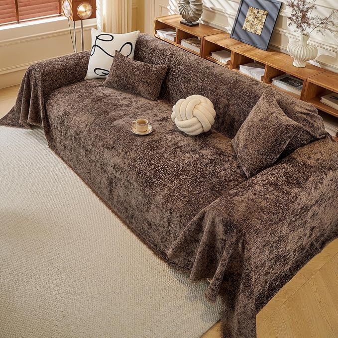 ROOMLIFE Brown Sofa Cover, Vintage Boho Couch Cover for 3 Cushion Sofa, Soft Chenille Sofa Cover for Dog, Washable Furniture Sofa Protector Cover Blanket with Tassel for Living Room, 71 '' X 134''