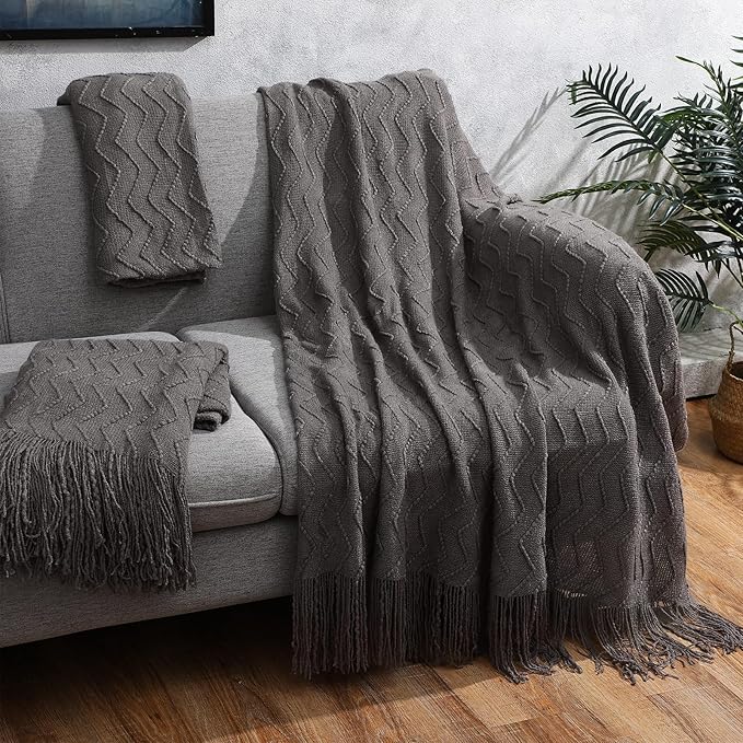 Buryeah 6 Pack Boho Knitted Throw Blankets with Tassels 50x60 Soft Warm Throws Bulk for Wedding Guests Housewarming Employee Teacher Appreciation Gifts Cozy Farmhouse Home Decor (Dark Gray)