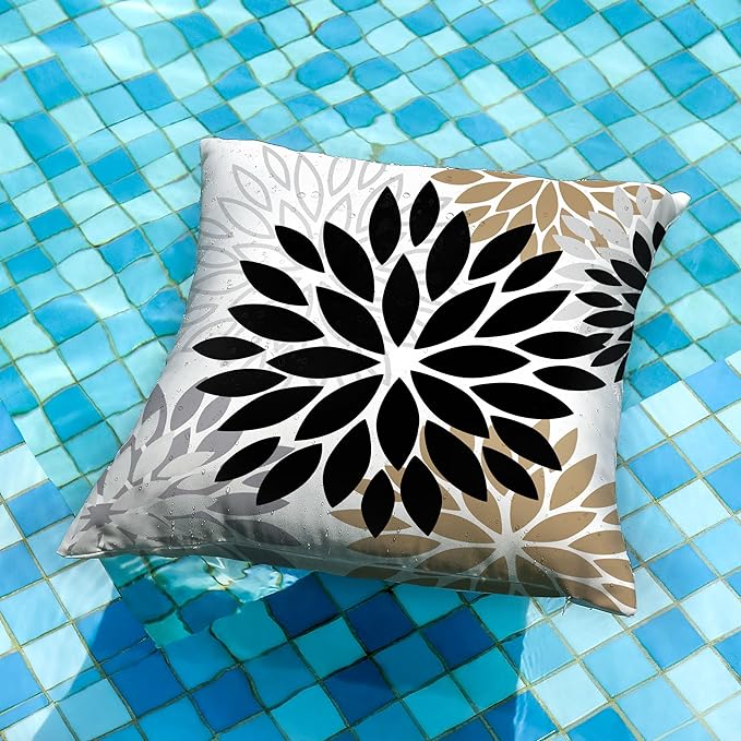 DFXSZ Black Brown Outdoor Pillow Covers 18x18 Inch Set of 2 White Gray Flower Throw Pillows Farmhouse Outdoor Modern Floral Polyester Square Cushion Case Decor for Patio Funiture Garden 002B18