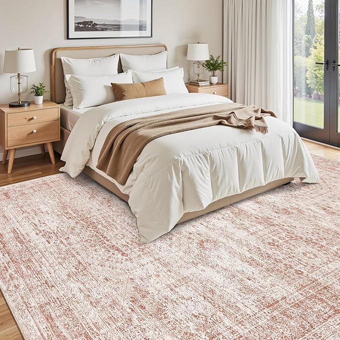 9x12 Area Rugs for Living Room, Non Slip Machine Washable Vintage Rugs, Low Pile Lightweight Large Rug for Bedroom, Dining Room, Home Office Pink