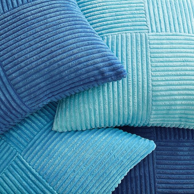 Topfinel LightBlue Decorative Throw Pillow Covers,18x18 Blue Pillow Covers Set of 4 with Striped Corduroy,Boho Soft Accent Navy BlueCushion Covers for Couch,Bed,Living Room Home Decor