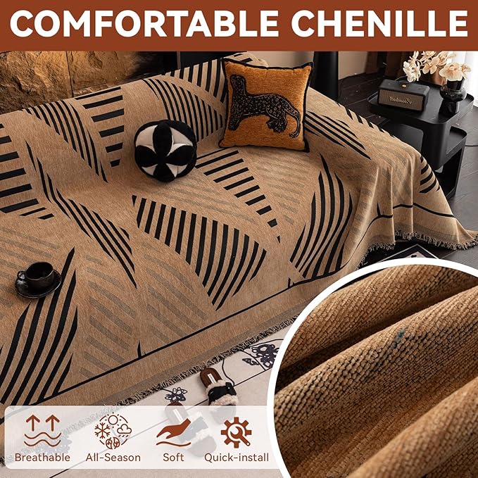 VClife Couch Cover Boho Style Sofa Cover for Dog, Modern Chenille Couch Cover for 3 Cushion Couch Sofa, Non Slip Brown Geometry Couch Protector with Tassel Sofa Slipcover Throw, 71"X134"