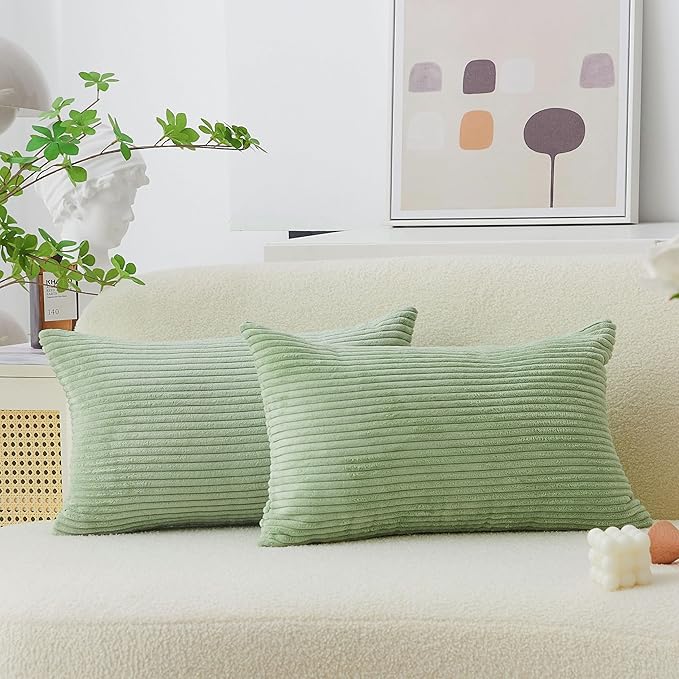 Home Brilliant Sage Green Rectangle Spring Pillow Covers 12x20 Lumbar Pillow Cover Accent Corduroy Striped Oblong Throw Pillows for Couch St Patricks Day Decor, Set of 2, 12 x 20 inch, Sage Green
