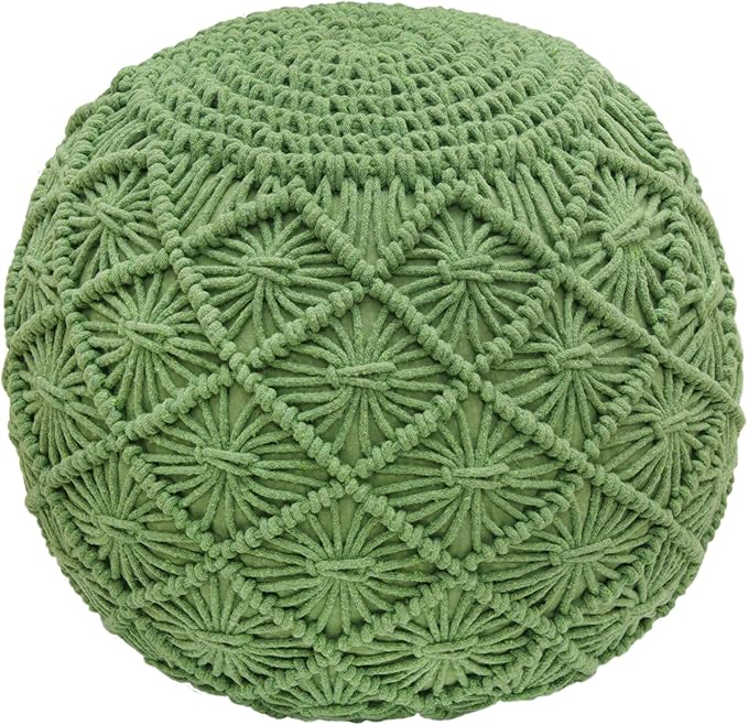 COTTON CRAFT Macrame Braided Pouf - Knitted Cotton Cord Comfortable Round Dori Pouf - Prefilled Ottoman Footrest Bean Bag - Stuffed Boho Moroccan Accent Seating - Nursery Bedroom Dorm - 20x14 - Green