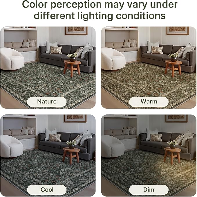 GENIMO 6x9 Washable Area Rug, Non-Slip Vintage Boho Floral Carpet, Soft Low-Pile Thin Living Room Rug for Bedroom, Dining Room, Nursery, Black