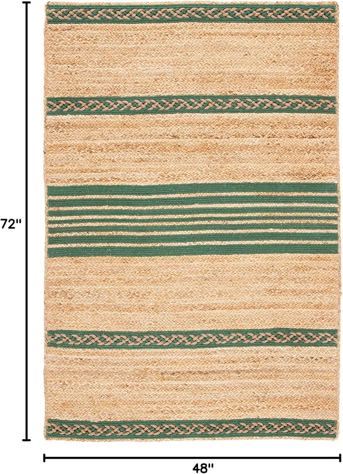 SAFAVIEH Natural Fiber Collection Accent Rug - 4' x 6', Natural & Green, Handmade Stripe Boho Farmhouse Rustic Braided Jute, Ideal for High Traffic Areas in Entryway, Living Room, Bedroom (NFB262Y)
